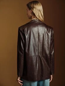 Anewsta Essential Blazer Wanita Kasual Modern Fashion Musim Gugur/Dingin, Warna Cokelat Kopi Maillard dengan Panel Struktur PU untuk Perjalanan Sehari-hari - Coffee Brown - View 7