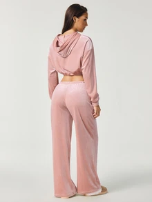 SHAPORA Women's Autumn/Winter Fashion Pink Velvet Fabric Short Sweatshirt & Straight Leg Pants Loungewear 2pcs Set - Pink - View 2