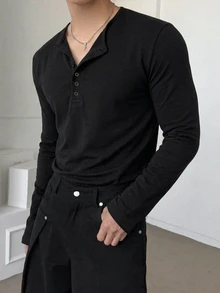 DAZY Men's Textured Fabric Solid Color Basic Half-Placket T-Shirt - Black - View 8