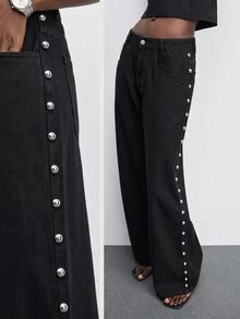 Maija Women's Fashion Side Rivet Decor Wide Leg Jeans - Black - View 3