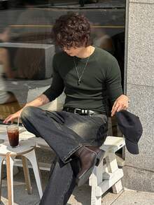 DAZY Olive Green Slim Fit Ribbed Elastic Fabric Men's Crew Neck Long Sleeve T-Shirt, Spring/Autumn - Olive Green - View 4
