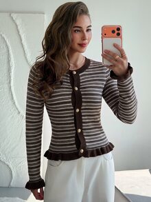 Aloruh 女款秋冬新款粉色與棕色條紋拼接圓領長袖針織開襟外套，簡約休閒優雅復古現代日常通勤慵懶街頭風毛衣 - 咖啡棕 - 查看 7