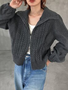 FRIFUL Women's Solid Color Zipper Casual Versatile Daily Wear Wool Blend Jacket - Grey - View 1