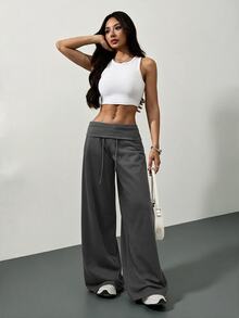 SHEIN Tall CURVE 大尺碼高腰灰色針織抓絨抽繩寬鬆運動褲，適合冬季畢業季、返校季、畢業典禮、教師穿搭等場合，秋季女款寬腿舒適運動長褲 - 深灰色 - 查看 4