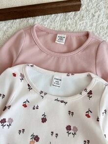 SHEIN 女嬰2件套：長袖花卉與純色上衣，適合秋冬穿著 - 彩色 - 查看 3