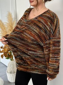 SHEIN CURVE+ 女款大尺碼長袖休閒運動上衣 - 棕色 - 查看 6