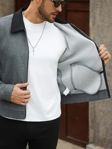 Manfinity Homme Men's Contrast Color Lapel Wool Jacket, Mature Casual Zipper Short Overcoat, Suitable For Halloween, Christmas, New Year, Gifts - Grey - View 7