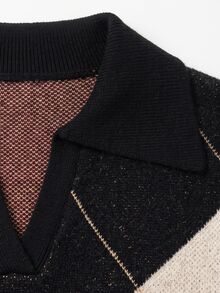 Grovea Fall Plus Size Argyle Pattern Turn Collar V-Neck Long Sleeve Knit Pullover Sweater Teacher Graduation Red And Black 1920 Vintage 1960s Holiday Formal - Black - View 5