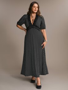 Freevana Plus Size Women's Fashion Polka Dot Lace Patchwork Romantic Dress - Black - View 4