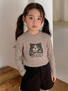 Dazy Kids 青少年女孩圓領長袖針織貓咪與字母圖案印花T恤 - 卡其色 - 查看 3