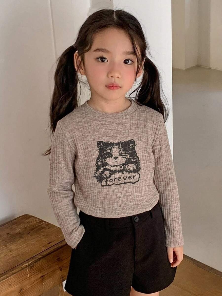 Dazy Kids Tween Girl Round Neck Long Sleeve Knitted Cat & Letter Graphic Print T-Shirt - Khaki - View 1