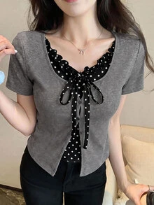 Bijouette Zanying Summer Plus Size Black And White Casual Elegant Sexy 2 In 1 Top Contrast Color Frill Trim Patchwork Polka Dot Inner Design Birthday - Grey - View 10
