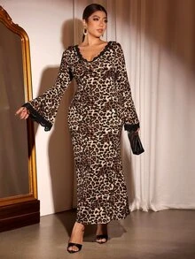 Cravure Elegant Plus Size Leopard Print Lace Patchwork V Neck Bell Sleeve Mermaid Long Dress - Brown - View 6