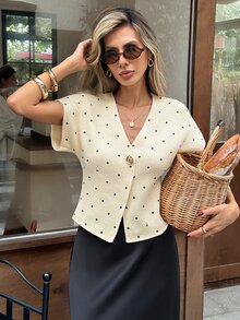 Serisse Cardigan Rajut Lengan Pendek Leher V Kancing Depan Motif Polkadot Blok Warna Kasual untuk Wanita, Atasan Kasual dan Elegan. Sweater Musim Gugur dan Musim Dingin untuk Wanita - Kuning - View 3