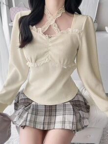 FRIFUL Women's Sweet Versatile Lace Patchwork Pleated T-Shirt - Beige - View 4