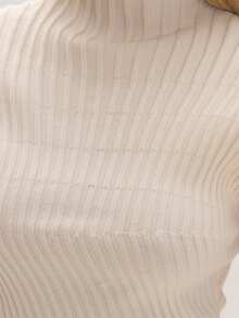 MUSEYN Cream Ribbed Knit High Neck Asymmetric Top Timeless Date Night New Season Fall - Apricot - View 6
