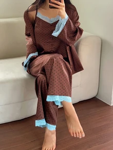 Dazy Plus 3pcs Colorblock Polka Dot Long Pants Loungewear Set, Spring Summer Autumn Pajamas - Brown - View 4