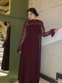 Modelyn 女款優雅復古拼接精緻蕾絲修身長袖洋裝，帶有懷舊氛圍 - 酒紅色 - 查看 5