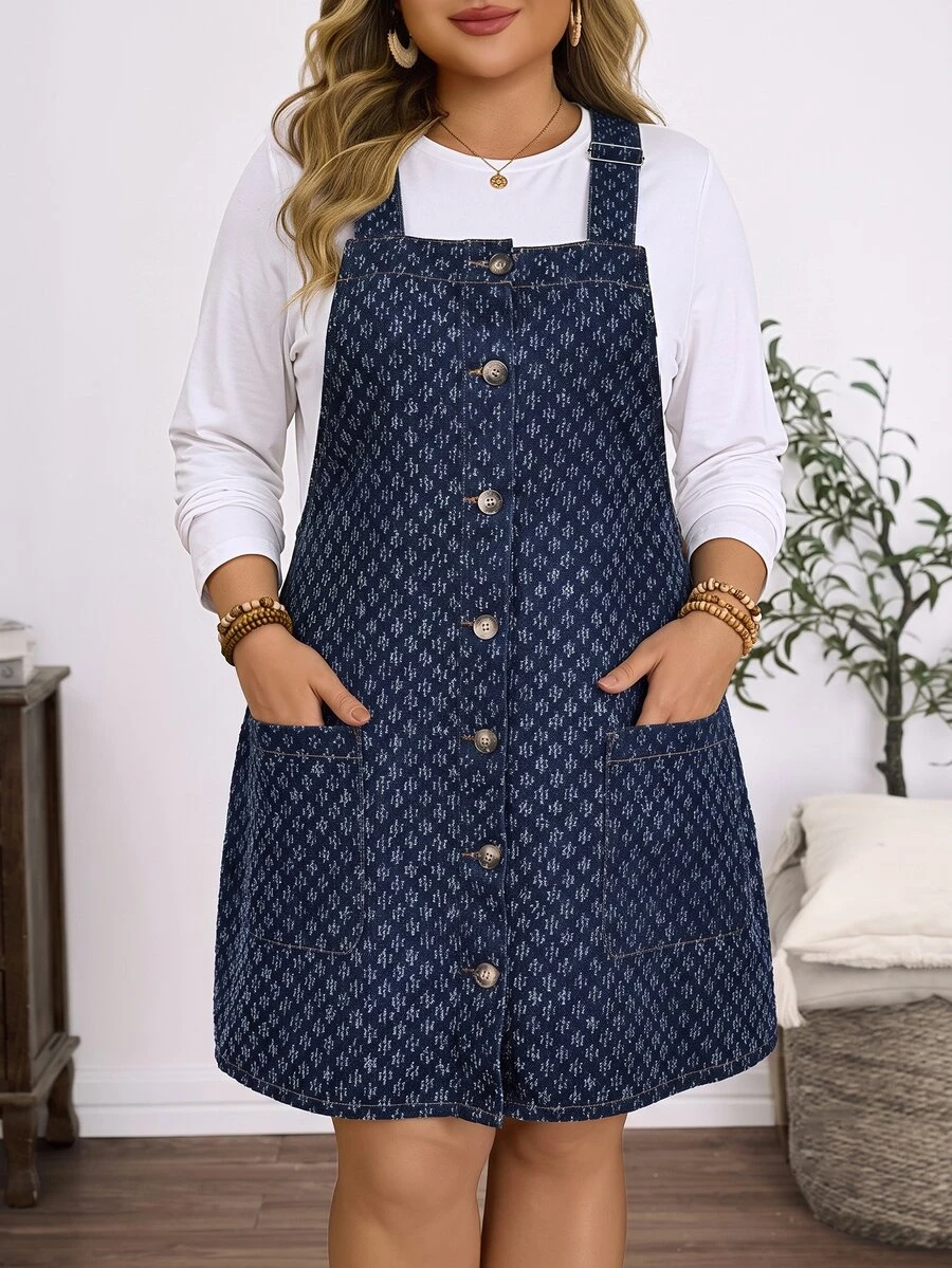 GlowEve CURVE Plus Size Fashion Jacquard Button Pocket Denim Dress - Dark Wash - View 1