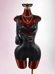 Amplova Triangle Cup Thin Strap PU Leather Buckle Tie Sleeveless Tight Bodycon Mini Jumpsuit With Super Elasticity For Women - Black - View 3
