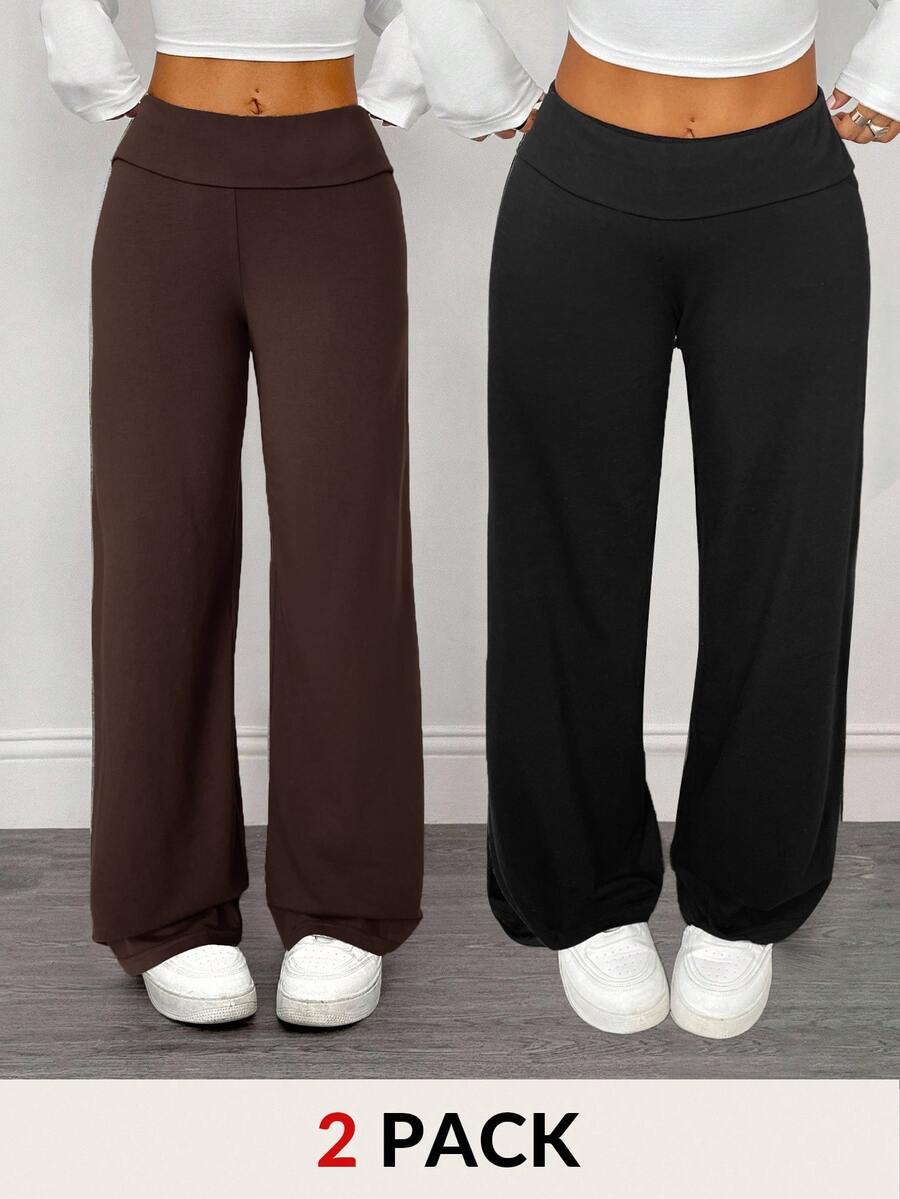 SHEIN PETITE 2件組女款休閒極簡高腰摺疊寬腿直筒長褲，適合夏季 - 彩色 - 查看 1