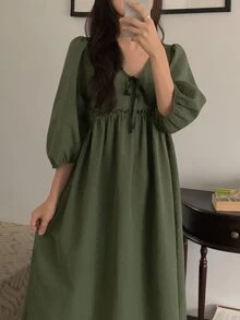 DAZY Solid Tie Front Smock Sleep Dress - Green - View 6