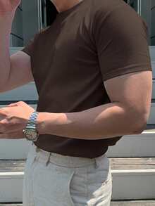 DAZY Summer Solid White Fitted Men's T-Shirt - Rust Brown - View 3