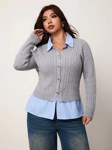 Enliva كارديجان نسائي بمقاس كبير محبوك بتصميم كابل مع ياقة وأساور متباينة الألوان، كنزة صوفية علوية بأزرار أمامية للخريف والشتاء - رمادي - مشاهدة 5