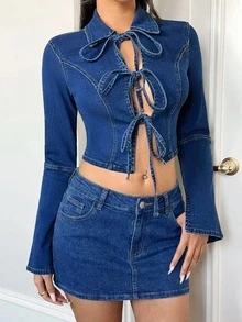 Rivivi Women's Collared Long Sleeve Tie-Front Cropped Denim Top - Blue - View 1