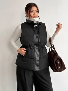 Firerie Plus Size Women Contrast Color Casual Daily Wear Winter Cotton Padded Vest - Black - View 7