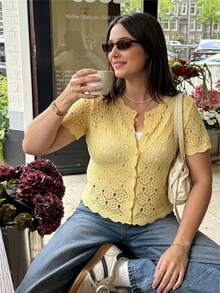 Cévolie Plus Size Women Solid Color Casual Versatile Daily Wear Knit Top - Light Yellow - View 1