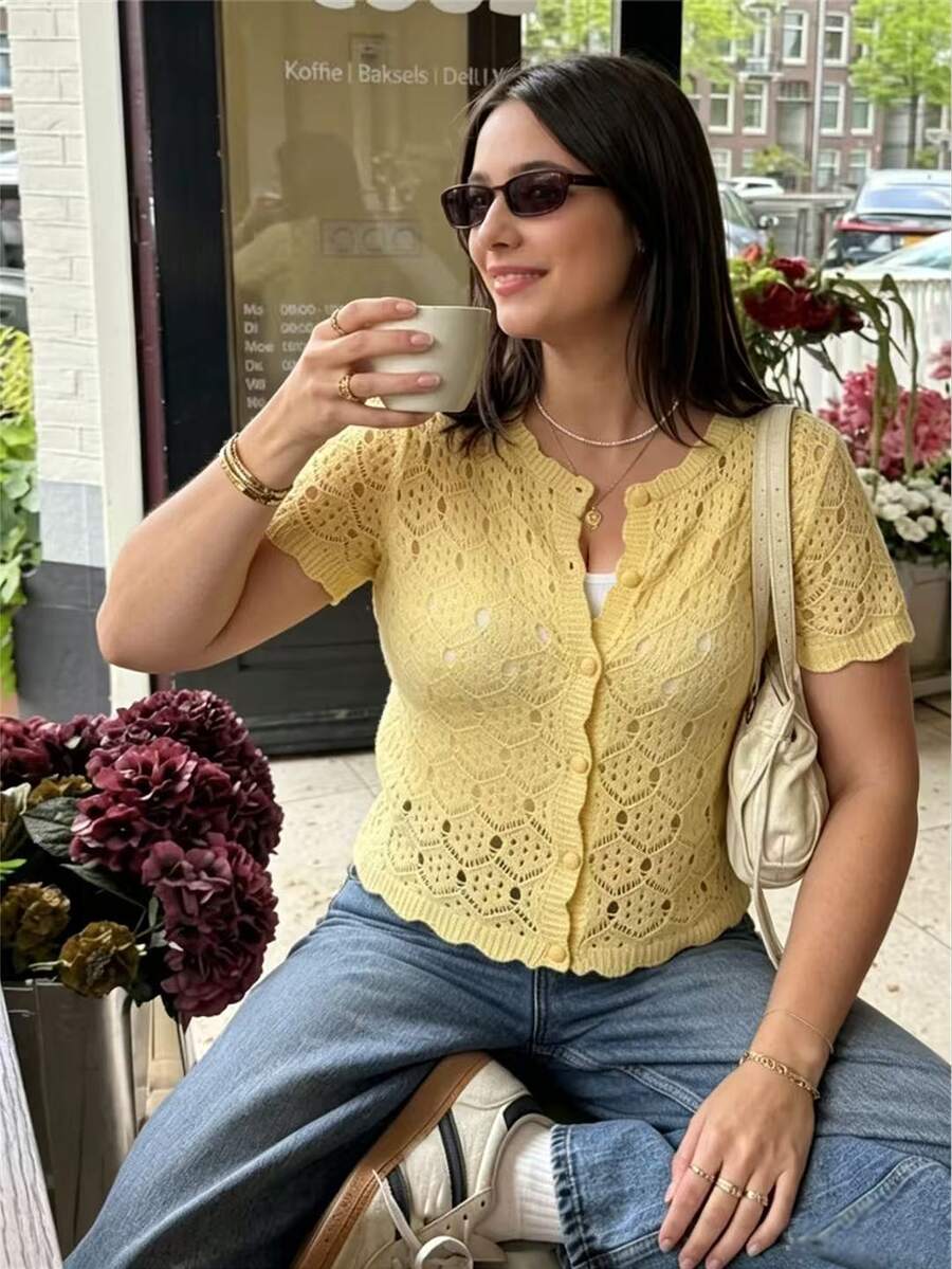Cévolie Plus Size Women Solid Color Casual Versatile Daily Wear Knit Top - Light Yellow - View 1