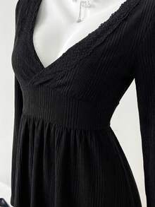 Flirla Autumn/Winter Casual Versatile Lace Deep V-Neck Long Sleeve Top - Black - View 3