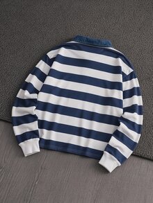 Boys Casual Retro Striped Denim Collar Sweatshirt, Suitable For Daily Outings, School And Various Occasions, Spring & Autumn Season Boys Sweatshirt - Multicolor - View 2