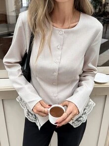 Serisse Women's Round Neck Long Sleeve Lace Patchwork Hem Back Tie Waist Versatile Jacket,Fall/Winter Elegant Formal Luxury Business Chic All-Match - Multicolor - View 6