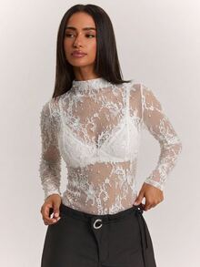 SHEIN BAE جمبسوت نسائي بأكمام طويلة مزين بالدانتيل المحبوك بلون أبيض سادة للخريف والشتاء - أبيض - مشاهدة 2