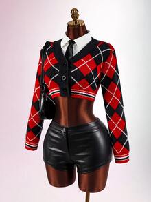 Amplova Women's Knitted Sexy Avant-Garde Plaid Collar Campus Style Outfit Suitable For Back To School Season - Red - View 4