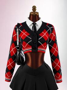 Amplova Women's Knitted Sexy Avant-Garde Plaid Collar Campus Style Outfit Suitable For Back To School Season - Red - View 1