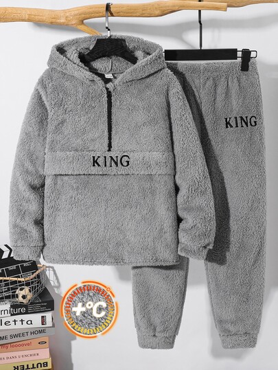 SHEIN Kids Tween Boys Casual Thermal Lined Thick Half Zip Hooded Jacket & Jogger Pants Set, Suitable For Fall/Winter, School, Family Gathering, Vacation, Party, Fall Outfit, Winter Outfit, Boys Outfit Set