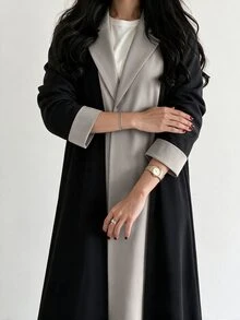 Yasmyna Women Black Grey Contrast Lapel Front Wide Sleeve Open Front Abaya Coat Dubai Middle East Fall Formal Kaftan Robe - Multicolor - View 9