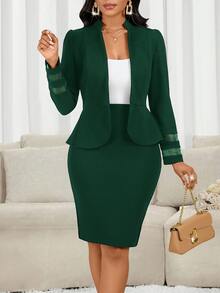 SHEIN Lady 女款優雅休閒正式商務深綠色荷葉邊西裝外套鉛筆裙兩件套 秋冬辦公工作聚會教堂聖誕外出穿搭 - 墨綠色 - 查看 10