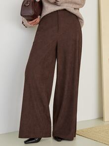 Dazy-Less Solid Cord High Waist Wide Leg Pants - Brown - View 1