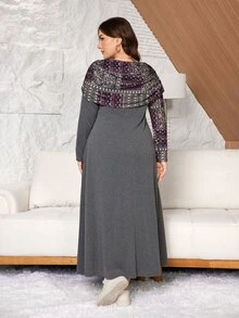 Lacomfia Women's Elegant Minimalist Fashion Printed Ruched Neck Versatile Fit Long Sleeve Plus Size Dress - Grey - View 2