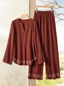 Rusticease Button Embroidered Rolled Sleeve Top And Solid Color Elastic Waist Long Pants 2 Pieces Set - Brown - View 1