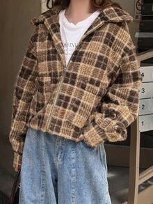FRIFUL Women's Vintage Plaid Pocket Zipper Long Sleeve Jacket - Grey - View 5