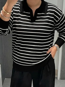 Livesso Fun Commuter Colorblock Patchwork Polo Collar Casual Short Sleeve Plus Size Women Spring Summer Knit Top - Black and White - View 2