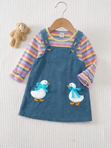 SHEIN Cute Casual Knit Striped T-Shirt & Loose Cartoon Pattern Overall Dress Set - Blue - View 6