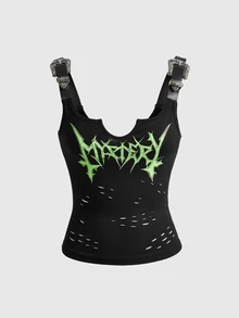 ROMWE Goth Women's Neon Green Print Dark Swamp Distressed Sexy Tank Top - Black - View 1