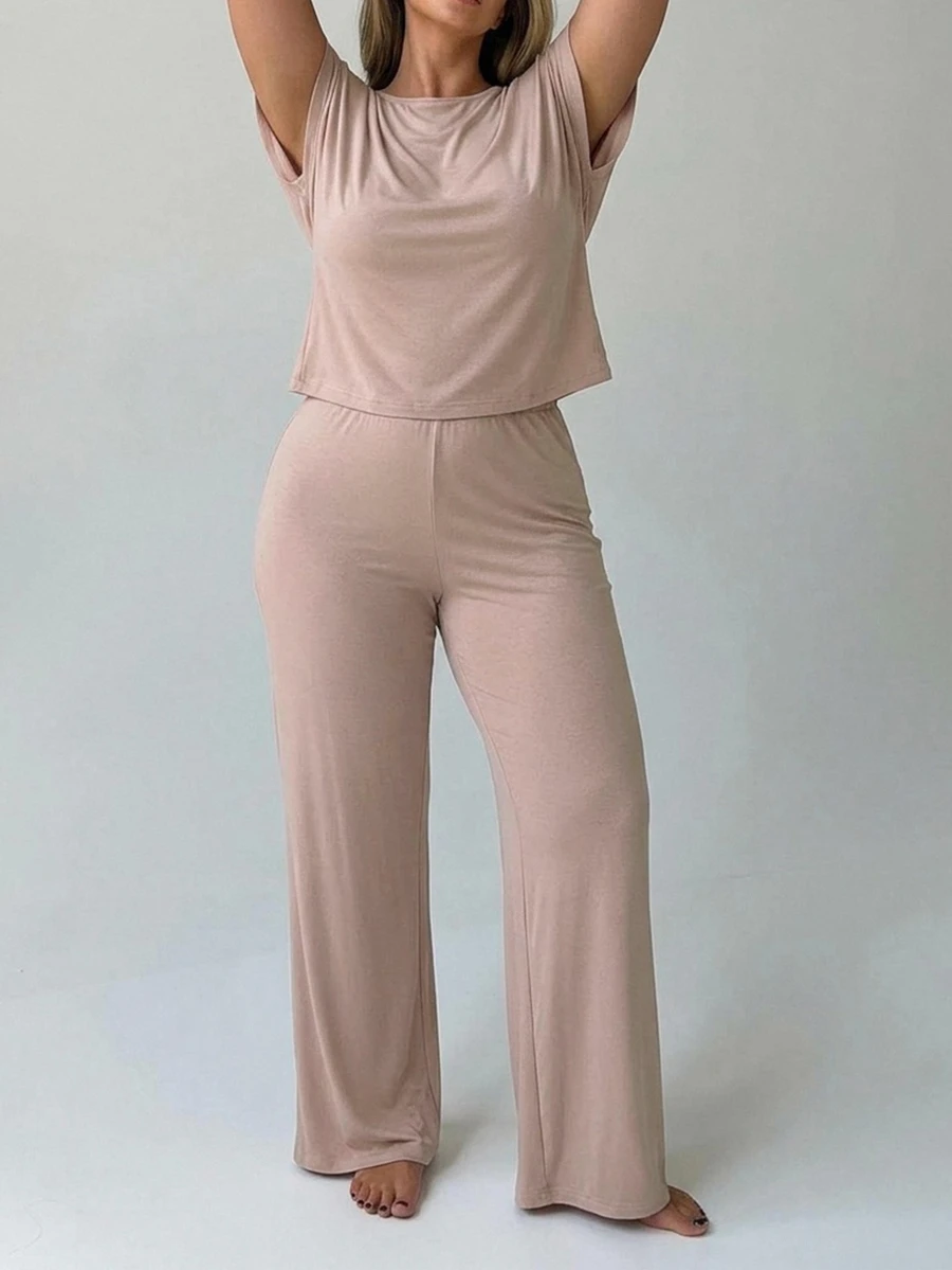 Dazy Plus 2pcs Solid Color Casual Long Pants Homewear Pink Pajama Set - Pink - View 1
