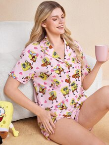 SpongeBob SquarePants | SHEIN Women's Cartoon Pattern Print Short Sleeve Top And Shorts Pajama Set - Pink - View 6